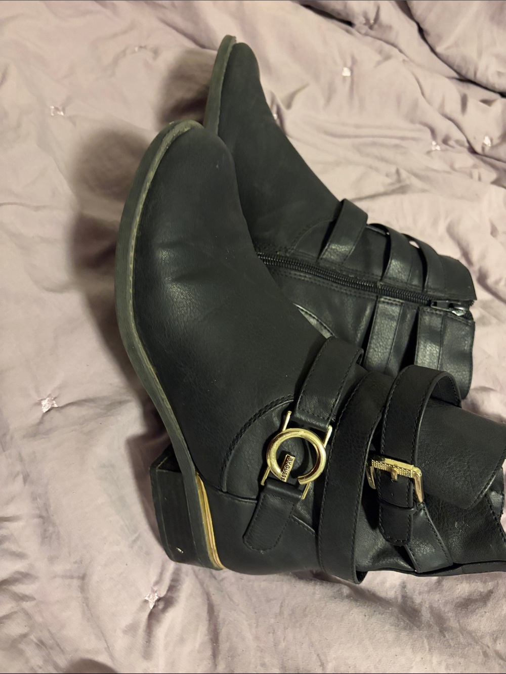 Guess Black Ankle Booties with Gold Buckle Accents